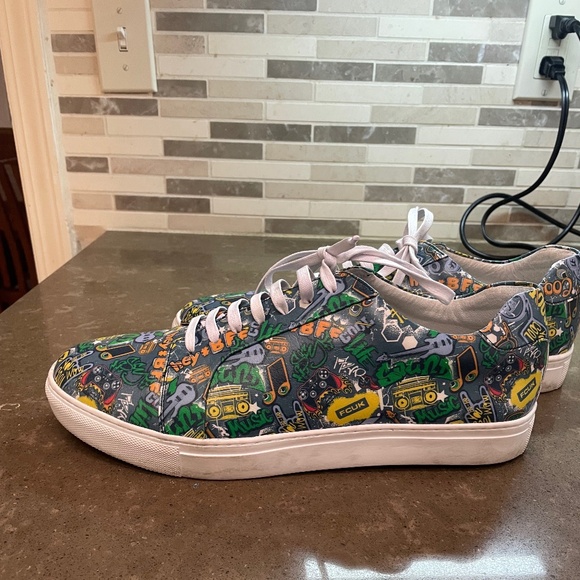 French Connection FCUK Rocket Leather Music Graphic Sneakers Mens Size 10 - Picture 1 of 4